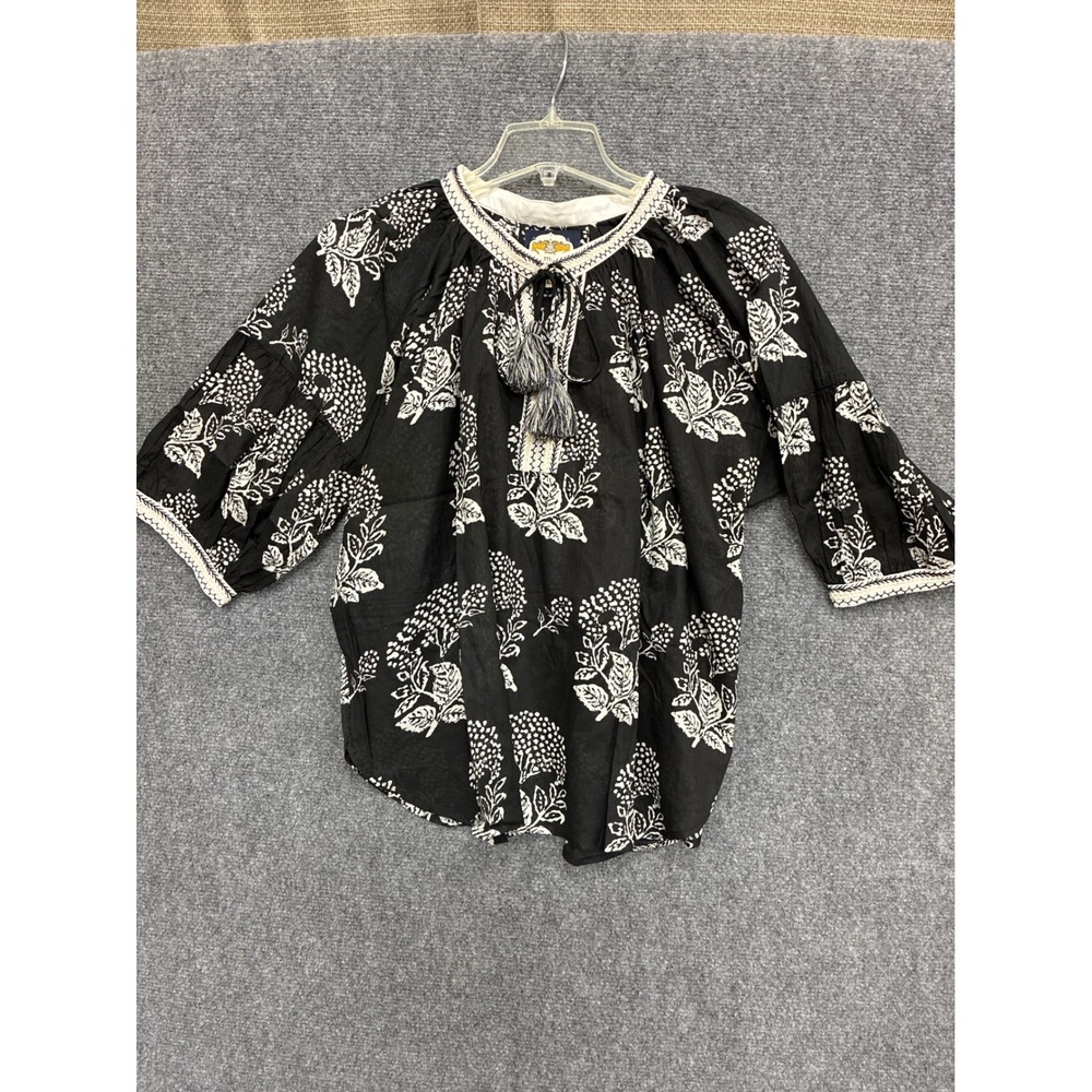 Alamwar Handcrafted Cotton Floral Print Tassel Peasant Blouse Black White L
